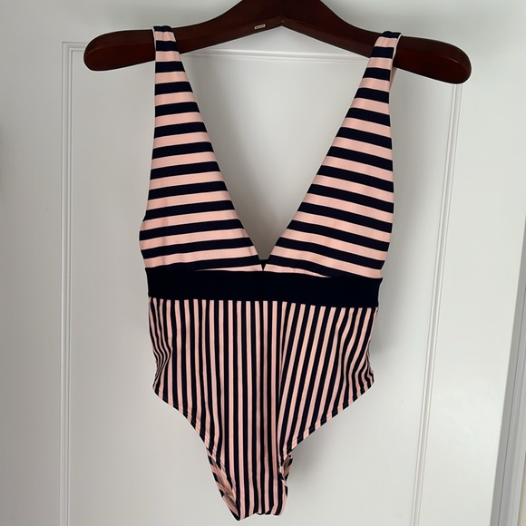 aerie Other - NWT Aerie deep V plunge striped one piece swim suit in navy blue & blush pink